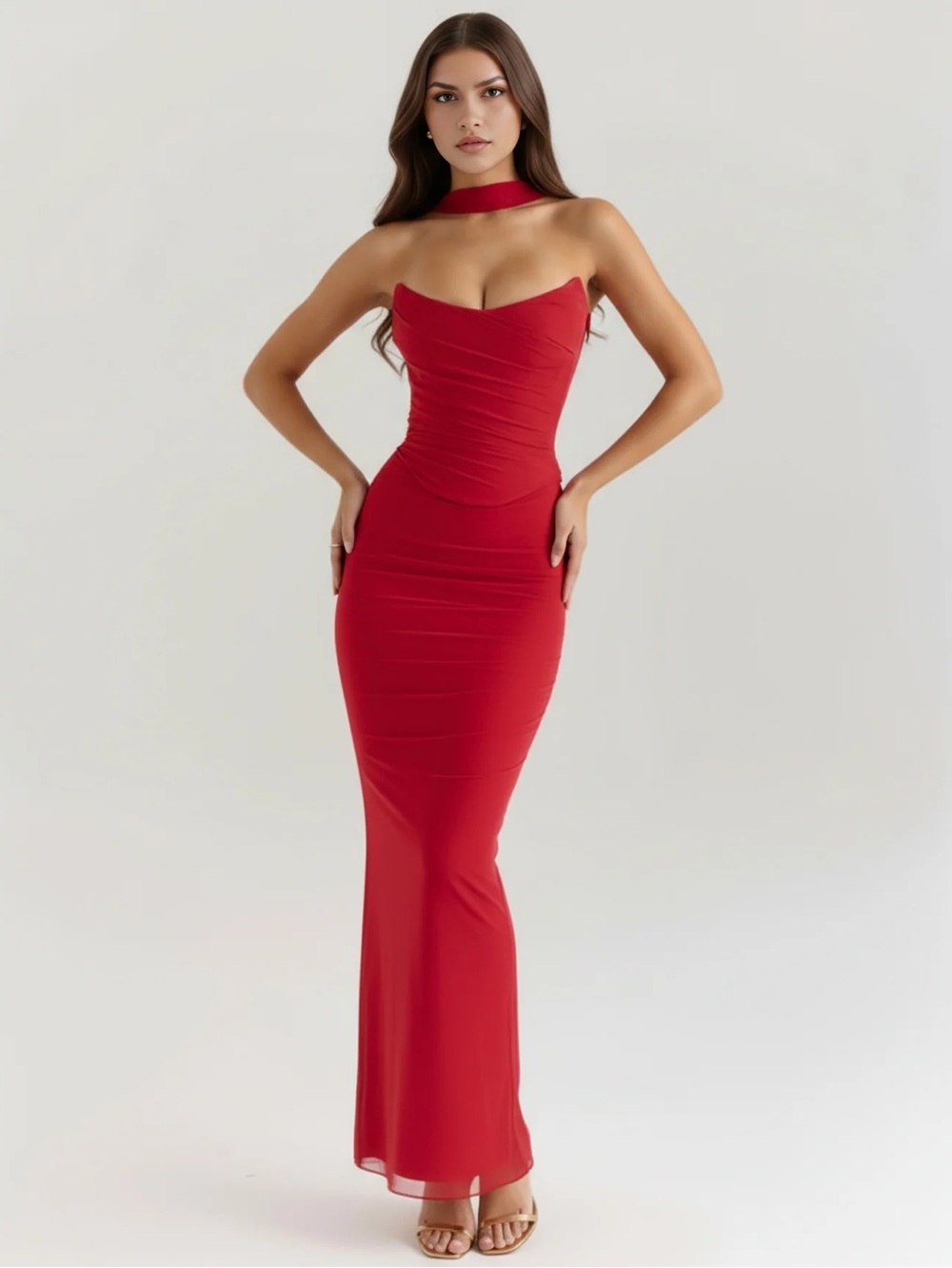 Almond Muse Malu 2 piece set Elegant Strapless Red Maxi Dress with Choker Detail